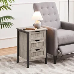 Yaheetech 3 Drawer Side Table With Sturdy Metal Frame, Gray