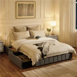 Yaheetech Upholstered Bed Frame Without Headboard With 4 Storage Drawers