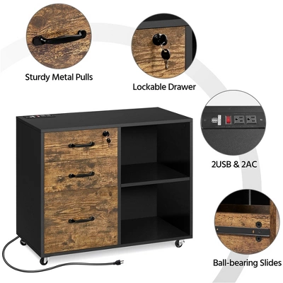 Yaheetech 3-Drawer Vintage File Cabinet With Socket And USB Charging Port Black/Rustic Brown 3 Yaheetech 3-Drawer Vintage File Cabinet With Socket And USB Charging Port Black/Rustic Brown - Image 3