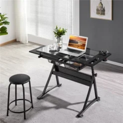 Yaheetech Adjustable Glass Drafting Table & Stool Set Black
