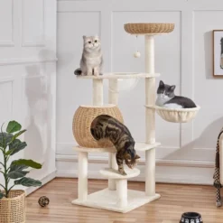 Yaheetech 54inch Rattan Cat Tree Cat Tower With Condo, Beige