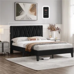 Yaheetech Upholstered Bed Frame With Built-In USB Ports