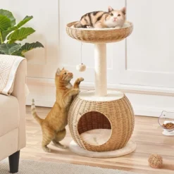 Yaheetech Rattan Cat Tree Cat House With Natural Sisal Scratching Post, Beige