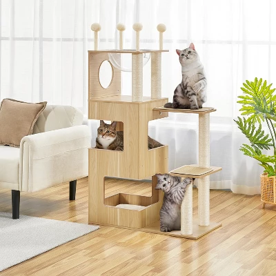 Yaheetech 53inch Wooden Cat Tree Tower With Condo, Wood 1 Yaheetech 53inch Wooden Cat Tree Tower With Condo, Wood
