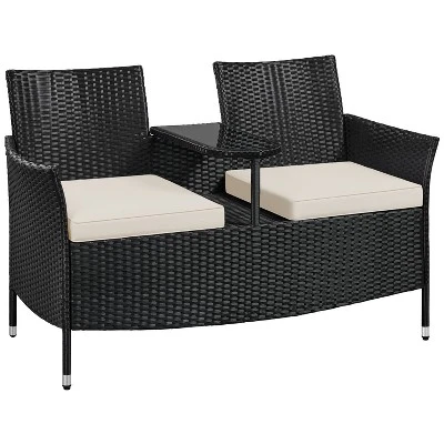 Yaheetech Outdoor Wicker Double Chair With Removable Cushions & 1 Tempered Glass Side Table, Black 6 Yaheetech Outdoor Wicker Double Chair With Removable Cushions & 1 Tempered Glass Side Table, Black - Image 6