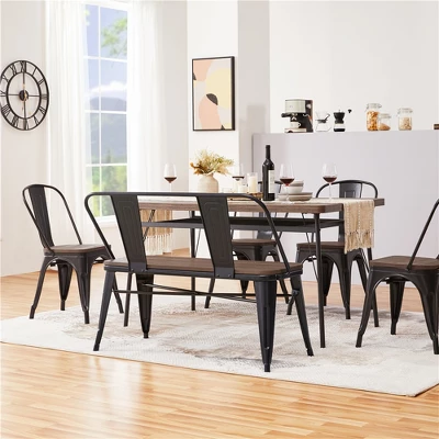 Yaheetech Industrial Metal Dining Bench With Wooden Top For Patio, Kitchen, Garden Black 1 Yaheetech Industrial Metal Dining Bench With Wooden Top For Patio, Kitchen, Garden Black