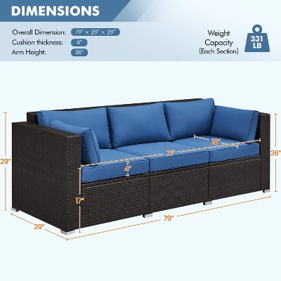Yaheetech Patio Resin Wicker Sofa Outdoor Rattan Couch With Throw Pillows, Brown/Dark Blue 2 Yaheetech Patio Resin Wicker Sofa Outdoor Rattan Couch With Throw Pillows, Brown/Dark Blue - Image 2
