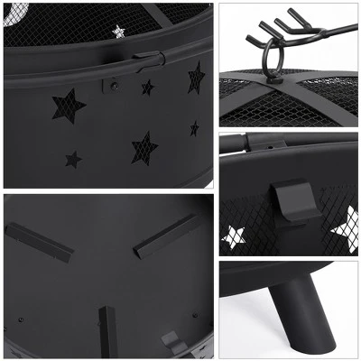 Yaheetech 30" Outdoor Fire Pit Set Heating Warm Equipment Including Poker Mesh Cover With Stars Moons Pattern Black 4 Yaheetech 30" Outdoor Fire Pit Set Heating Warm Equipment Including Poker Mesh Cover With Stars Moons Pattern Black - Image 4