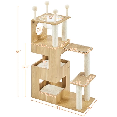 Yaheetech 53inch Wooden Cat Tree Tower With Condo, Wood 2 Yaheetech 53inch Wooden Cat Tree Tower With Condo, Wood - Image 2
