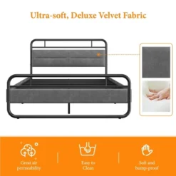 Yaheetech Metal Platform Bed Frame With Velvet Upholstered Headboard -Furniture GUEST 53e0e481 1a52 439f 88c6 6d5d29c64565