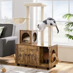 Yaheetech Wooden Litter Box Enclosure With Cat Tree Tower, Rustic Brown/Beige