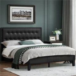 Yaheetech Upholstered Bed Frame With Button-Tufted Headboard