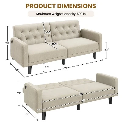 Yaheetech 63in Convertible Futon Sofa Bed With USB Ports For Living Room 2 Yaheetech 63in Convertible Futon Sofa Bed With USB Ports For Living Room - Image 2