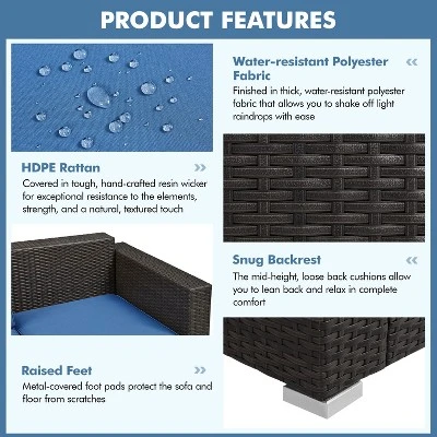 Yaheetech Patio Resin Wicker Sofa Outdoor Rattan Couch With Throw Pillows, Brown/Dark Blue 4 Yaheetech Patio Resin Wicker Sofa Outdoor Rattan Couch With Throw Pillows, Brown/Dark Blue - Image 4