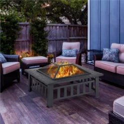 Yaheetech 34in Fire Pit Table Outdoor Patio Fire Pits Square Steel Stove With Mesh Screen And Cover