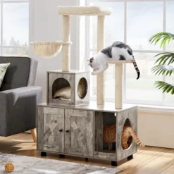 Yaheetech Wooden Litter Box Enclosure With Cat Tree Tower