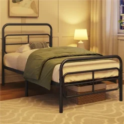 Yaheetech Modern Metal Platform Bed With Geometric Patterned Headboard