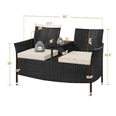 Yaheetech Outdoor Wicker Double Chair With Removable Cushions & 1 Tempered Glass Side Table, Black 2 Yaheetech Outdoor Wicker Double Chair With Removable Cushions & 1 Tempered Glass Side Table, Black - Image 2