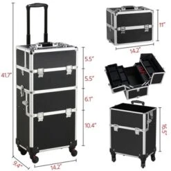 Yaheetech Rolling Aluminum 3 In 1 Makeup Case Trolley Makeup Beauty Box Case