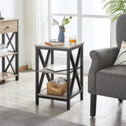 Yaheetech 3 Tier Sofa Side End Table With Shelf ,X Shape Metal Frame For Living Room