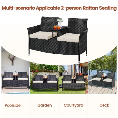 Yaheetech Outdoor Wicker Double Chair With Removable Cushions & 1 Tempered Glass Side Table, Black 5 Yaheetech Outdoor Wicker Double Chair With Removable Cushions & 1 Tempered Glass Side Table, Black - Image 5