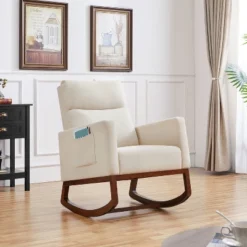 Yaheetech Upholstered Rocking Chair With Rubber Wood Legs And Side Pockets