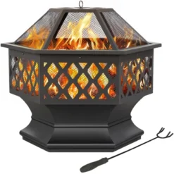 Yaheetech 24in Outdoor Hex Fire Pits Firepit Bowl With Spark Screen & Poker For Patio Backyard