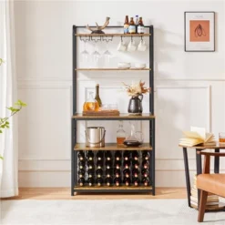 Yaheetech 65" Wine Bakers Rack Freestanding Wine Rack With Glass Holder And Wine Storage, Rustic Brown