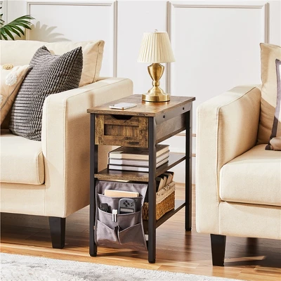Yaheetech 3-Tier Narrow End Table With Drawer And Flip Top Compartment, Rustic Brown 1 Yaheetech 3-Tier Narrow End Table With Drawer And Flip Top Compartment, Rustic Brown