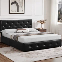 Yaheetech Upholstered Faux Leather Bed Frame With Adjustable Headboard