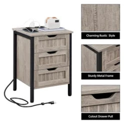 Yaheetech Rustic Side Table With 3 Drawers And Charging Station, Gray -Furniture GUEST cf957dfe 8b83 410b a099 16c2381943dc