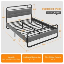 Yaheetech Metal Platform Bed Frame With Velvet Upholstered Headboard -Furniture GUEST d0107a37 f033 4a10 9de6 135a2613fdc3