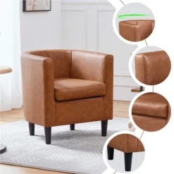 Yaheetech Faux Leather Upholstered Accent Chair Barrel Chairs Brown -Furniture GUEST d3727b38 894b 4ed8 9ae7 8031fcb19086