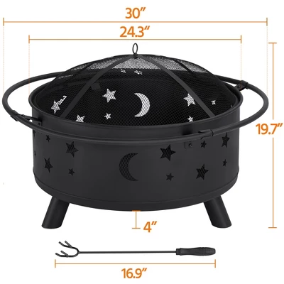Yaheetech 30" Outdoor Fire Pit Set Heating Warm Equipment Including Poker Mesh Cover With Stars Moons Pattern Black 3 Yaheetech 30" Outdoor Fire Pit Set Heating Warm Equipment Including Poker Mesh Cover With Stars Moons Pattern Black - Image 3