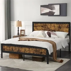 Yaheetech Industrial Metal Platform Bed With Wooden Headboard And Footboard