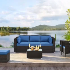 Yaheetech Patio Resin Wicker Sofa Outdoor Rattan Couch With Throw Pillows, Brown/Dark Blue