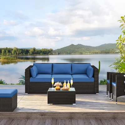 Yaheetech Patio Resin Wicker Sofa Outdoor Rattan Couch With Throw Pillows, Brown/Dark Blue 1 Yaheetech Patio Resin Wicker Sofa Outdoor Rattan Couch With Throw Pillows, Brown/Dark Blue