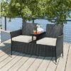 Yaheetech Outdoor Wicker Double Chair With Removable Cushions & 1 Tempered Glass Side Table, Black