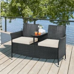 Yaheetech Outdoor Wicker Double Chair With Removable Cushions & 1 Tempered Glass Side Table, Black