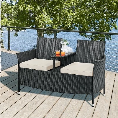 Yaheetech Outdoor Wicker Double Chair With Removable Cushions & 1 Tempered Glass Side Table, Black 1 Yaheetech Outdoor Wicker Double Chair With Removable Cushions & 1 Tempered Glass Side Table, Black