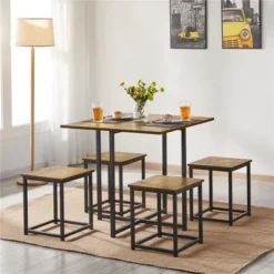Yaheetech 5-Piece Dining Room Set With 1 Square Table, 4 Backless Stools, Kitchen Table Set