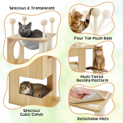 Yaheetech 53inch Wooden Cat Tree Tower With Condo, Wood 3 Yaheetech 53inch Wooden Cat Tree Tower With Condo, Wood - Image 3