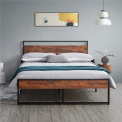 Yaheetech Rustic Metal Platform Bed With Wooden Headboard And Footboard -Furniture GUEST ff53987e 1981 49ad 812b 926e554364a8